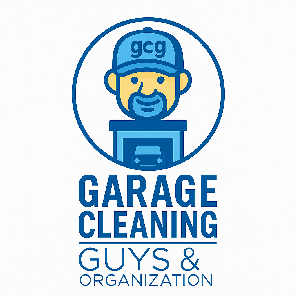 Garage Cleaning Guys & Organization logo featuring bold modern typography and a sleek garage icon symbolizing complete garage makeovers and organized transformations.