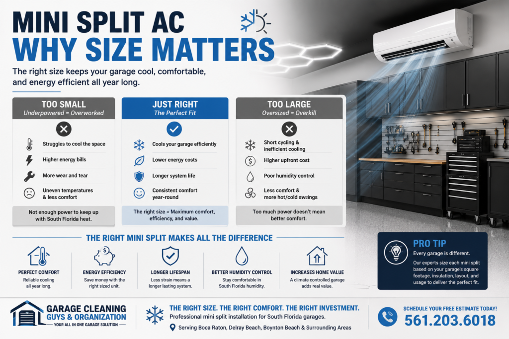 Garage mini split installation showing why choosing the right size mini split improves cooling, energy efficiency, comfort, and performance in a South Florida garage.