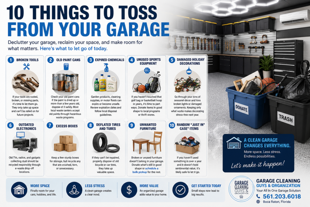 Infographic showing 10 things homeowners should toss from their garage, including broken tools, old paint cans, expired chemicals, outdated electronics, unwanted furniture, and excess clutter to create a cleaner, more organized garage.