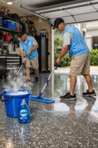 Garage Make over guys cleaning the floor