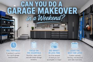 Completed garage makeover featuring organized cabinets, wall storage, overhead racks, clean flooring, and a clutter-free layout completed in a single weekend in South Florida.