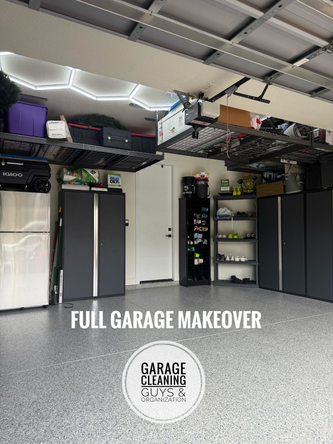 Garage Floor Coating Company Boca Raton featuring decluttering, epoxy flooring, cabinets, overhead storage racks, and professional organization
