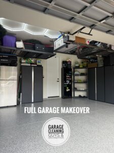 Garage makeover in Boca Raton featuring decluttering, epoxy flooring, cabinets, overhead storage racks, and professional organization