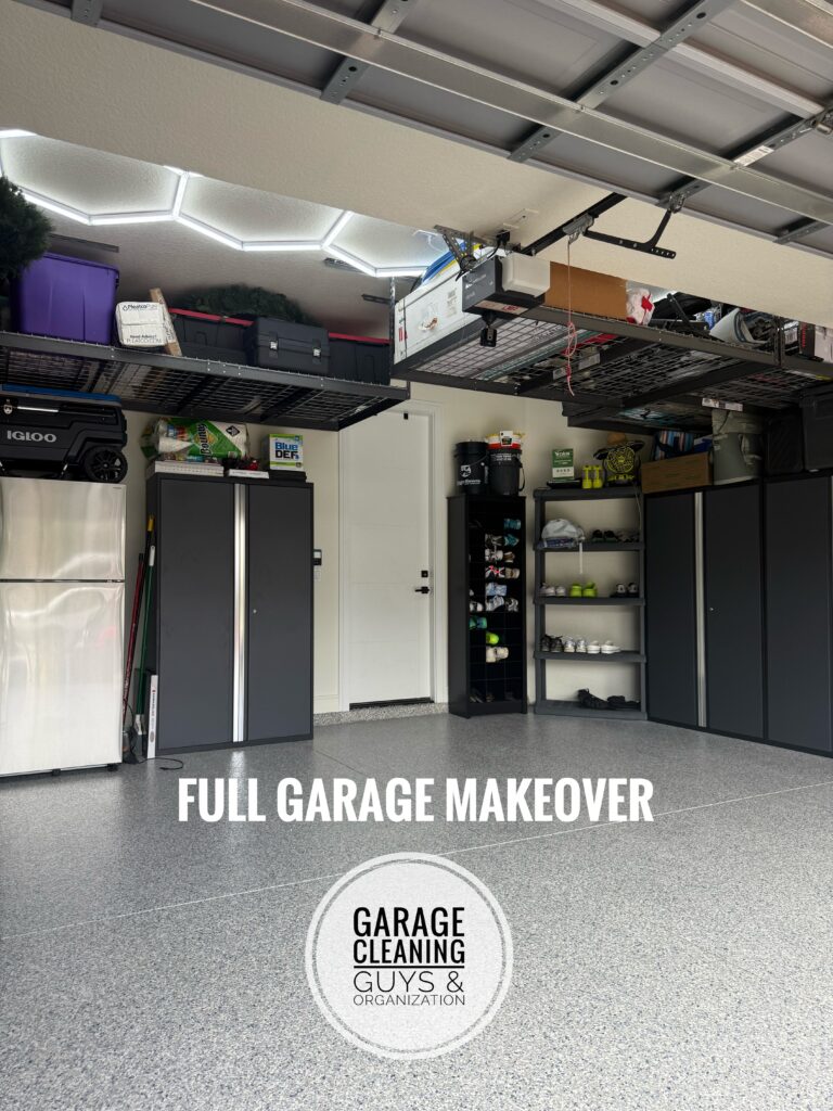 Garage makeover in Boca Raton featuring decluttering, epoxy flooring, cabinets, overhead storage racks, and professional organization