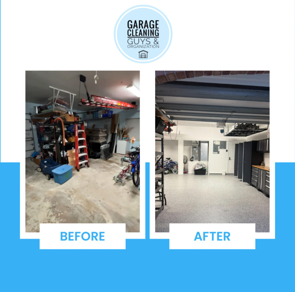 Luxury South Florida garage makeover featuring decluttering, organizing, epoxy flooring, custom cabinets, slat wall storage, overhead racks, and LED lighting
