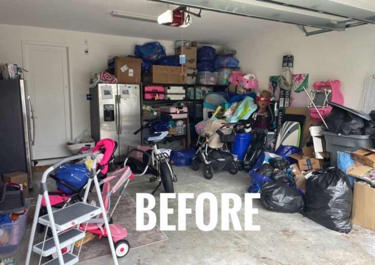 Before garage makeover in Delray Beach showing cluttered storage, disorganized items, and limited usable space prior to garage cleaning and organization.