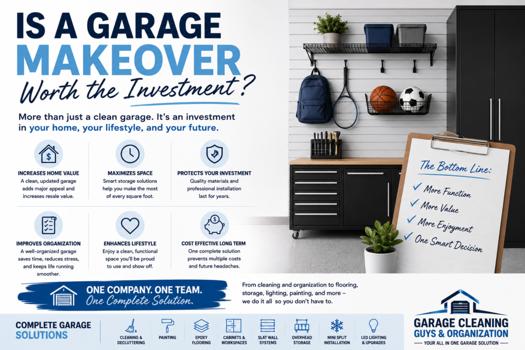 Modern garage makeover featuring epoxy flooring, garage cabinets, slat wall organization, overhead storage racks, LED lighting, and a clean, functional design for South Florida homeowners.