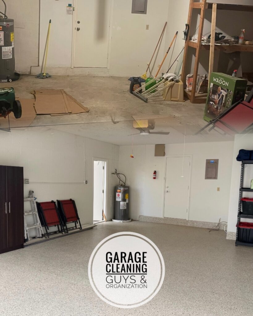 Complete Palm Beach, FL garage makeover with decluttering, white walls, new attic ladder, mini split AC, epoxy flooring, and premium garage cabinetry.