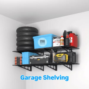 Organized garage with open shelving storing tools, beach gear, and storage bins in a South Florida home