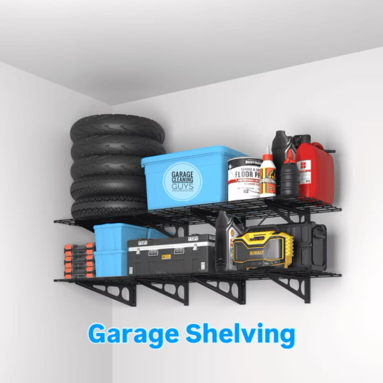 Organized garage with open shelving storing tools, beach gear, and storage bins in a South Florida home