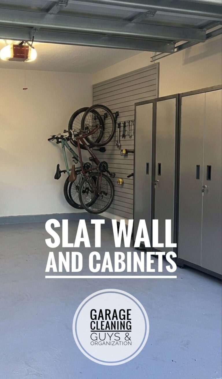 slat wall and cabinets