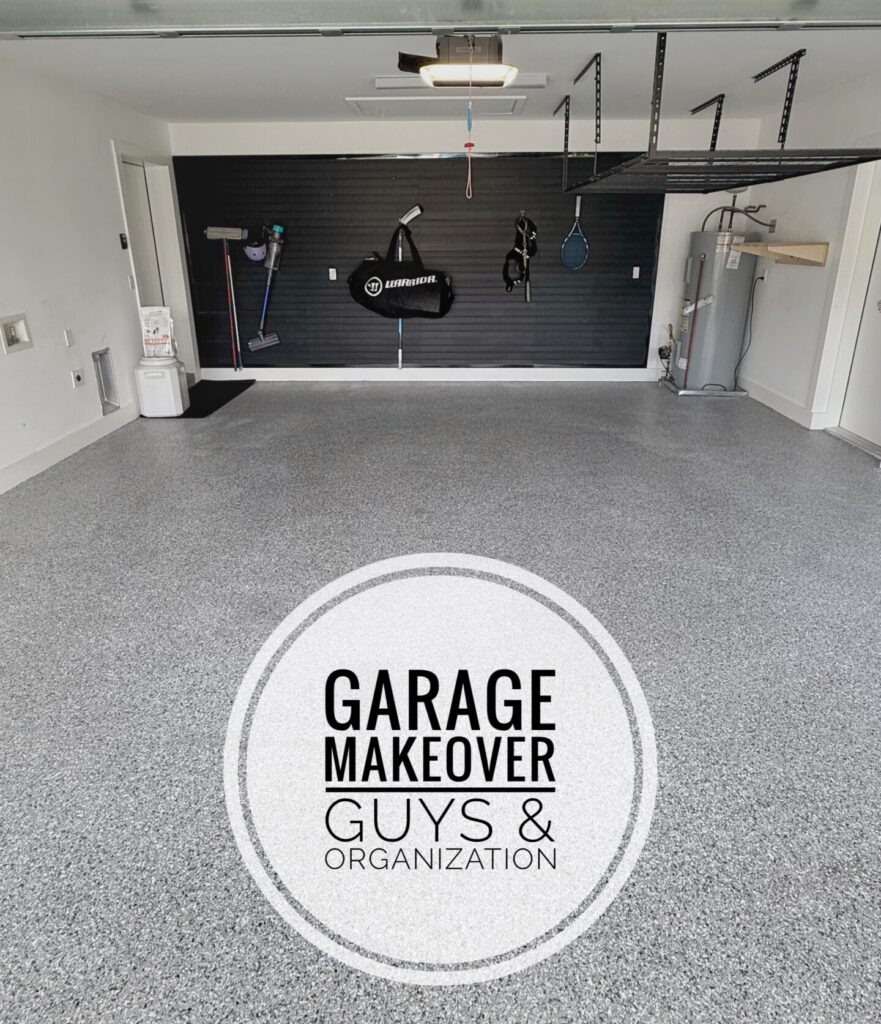 Garage slat wall storage system featuring organized hooks, shelves, and accessories that maximize wall space while keeping tools, sports equipment, and household items neatly stored.