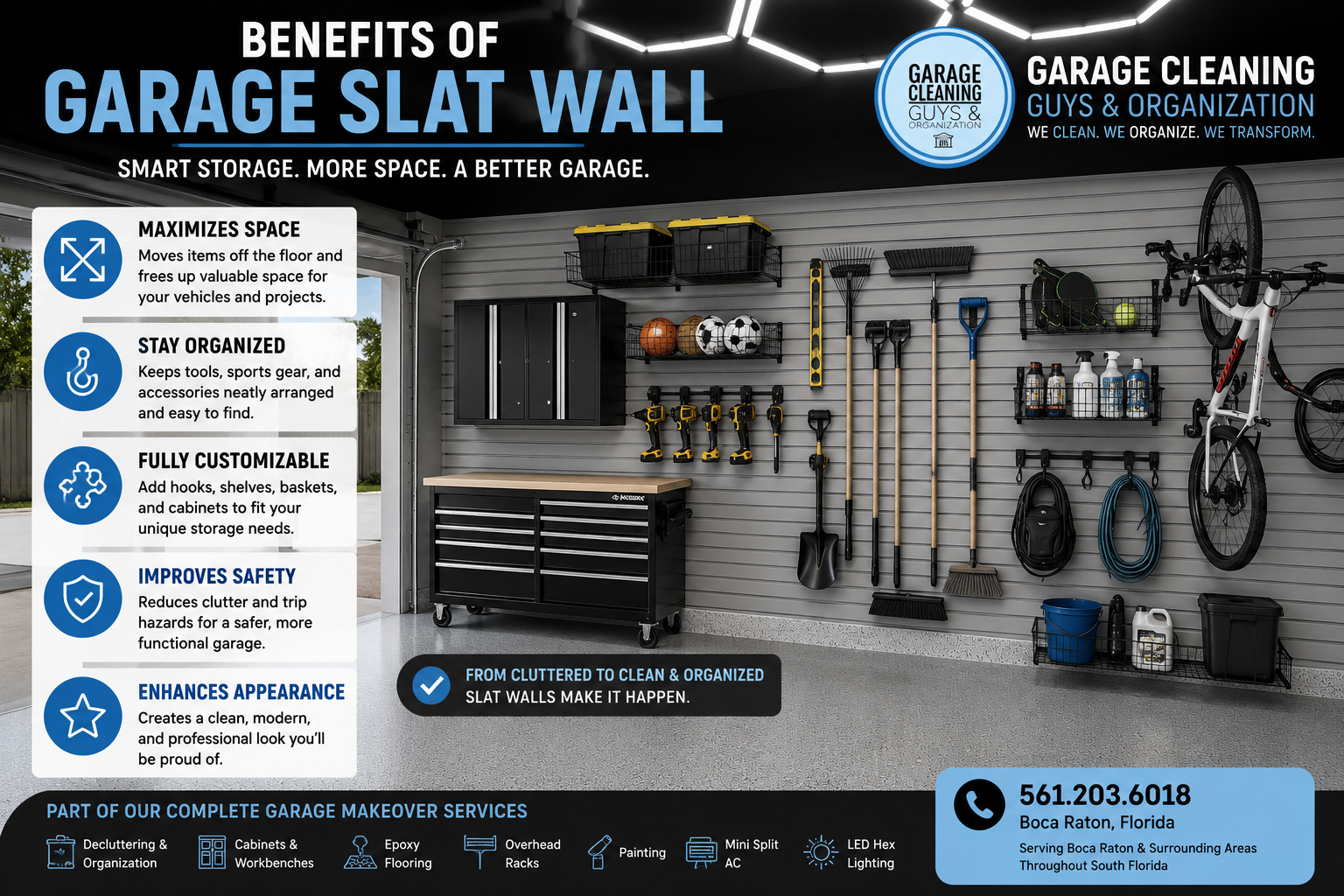 Garage slat wall storage system featuring organized hooks, shelves, and accessories that maximize wall space while keeping tools, sports equipment, and household items neatly stored.