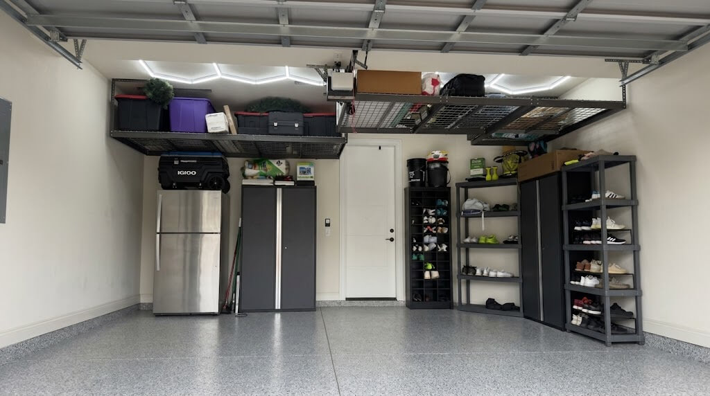 Organized garage workshop with custom workbench