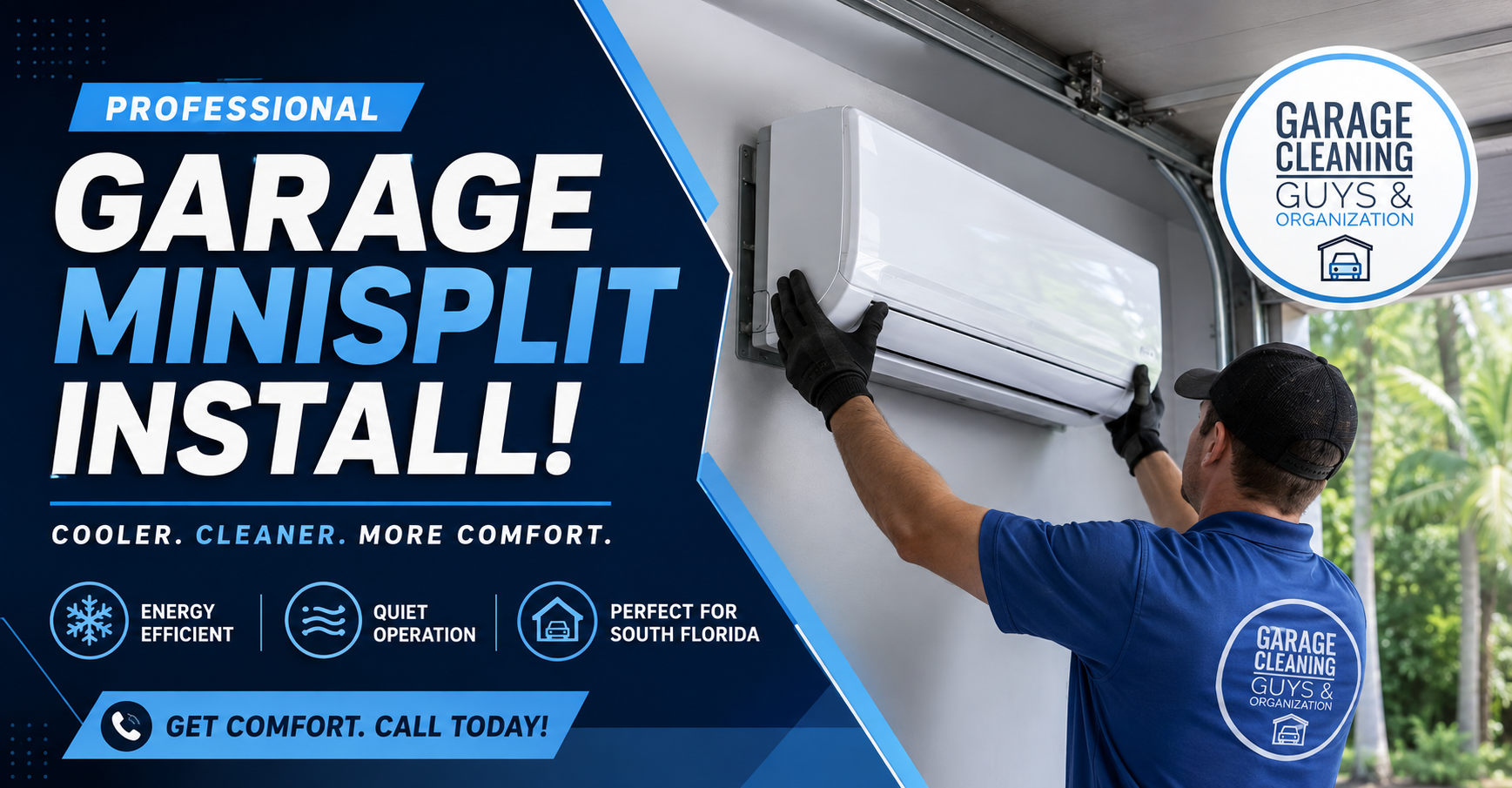 Technicians installing a wall-mounted garage mini-split air conditioner